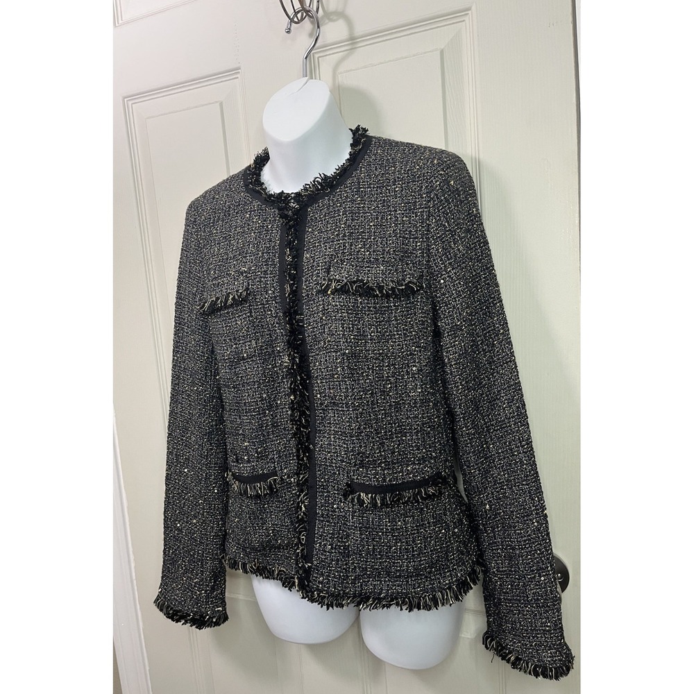 Weekend Max Mara Tweed Jacket Blazer Fray Trim Black Gold Metallic Women's 8